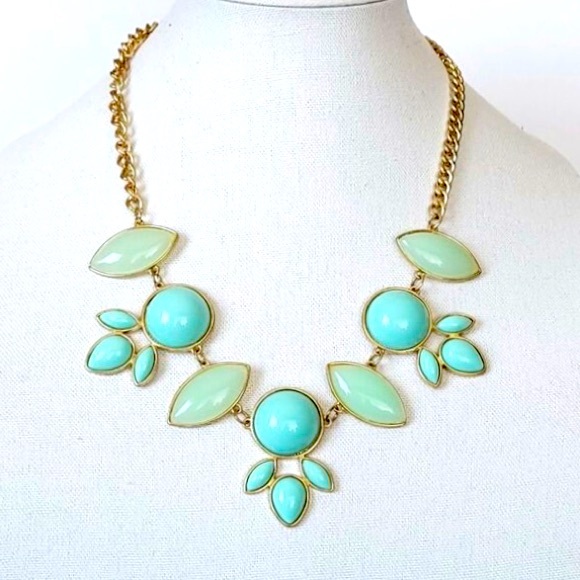 Teal Cabochon Statement Necklace & Earrings Set Gold Tone Chain Jewelry Vintage - Picture 6 of 15